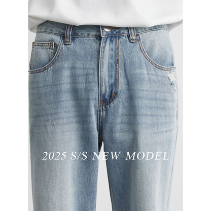 Light-wash Mens Ripped Straight-leg Jeans
