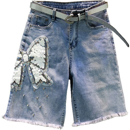 Beaded Denim Capris Shorts