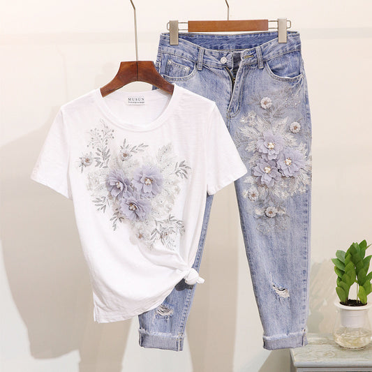 Beaded embroidery three-dimensional flower short-sleeved T-shirt and jeans