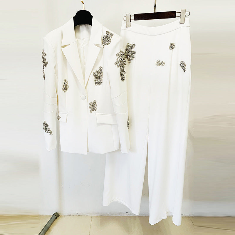 Beaded Rhinestone Blazer and Wide-Leg Pants Set