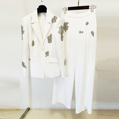 Beaded Rhinestone Blazer and Wide-Leg Pants Set