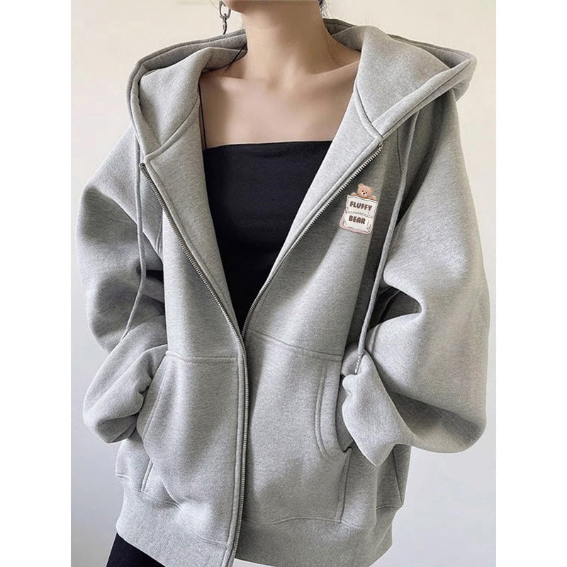 Bear Print Hooded Cardigan Sweatshirt for Women