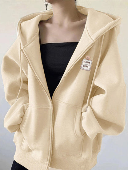 Bear Print Hooded Cardigan Sweatshirt for Women