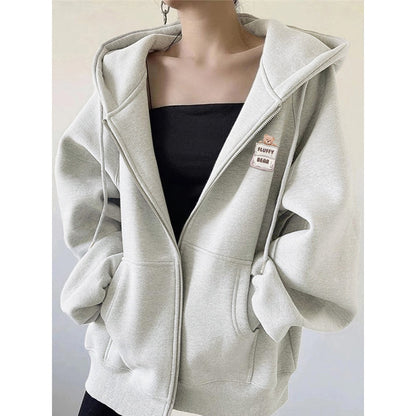Bear Print Hooded Cardigan Sweatshirt for Women