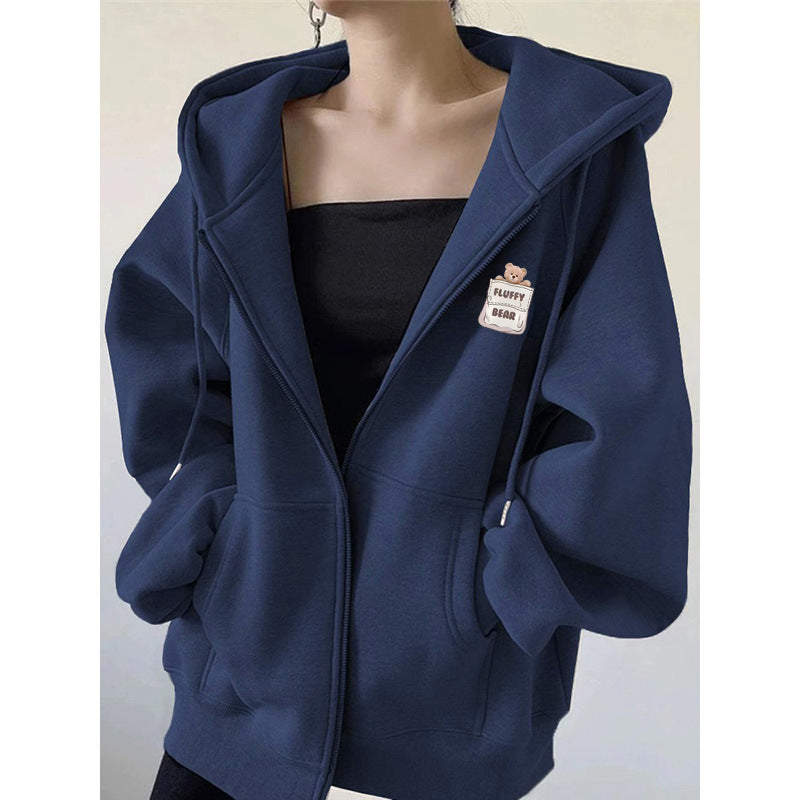 Bear Print Hooded Cardigan Sweatshirt for Women