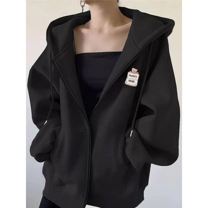 Bear Print Hooded Cardigan Sweatshirt for Women