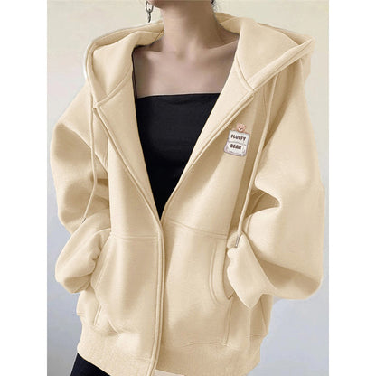 Bear Print Hooded Cardigan Sweatshirt for Women