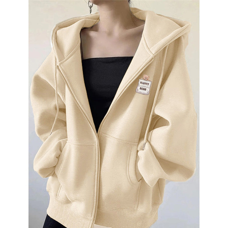 Bear Print Hooded Cardigan Sweatshirt for Women