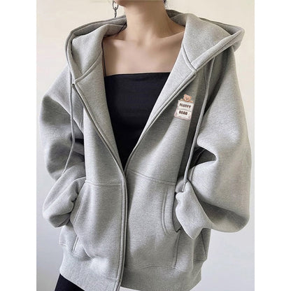Bear Print Hooded Cardigan Sweatshirt for Women