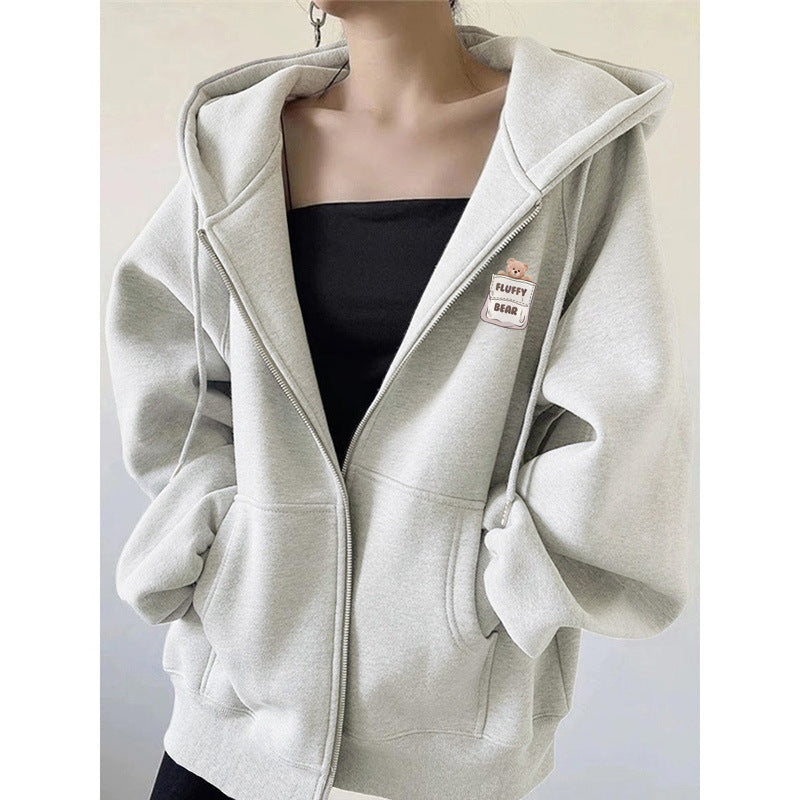 Bear Print Hooded Cardigan Sweatshirt for Women