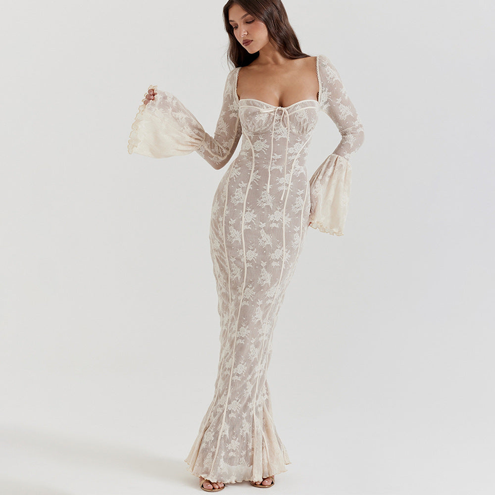 Bell Sleeve Lace Backless Dress