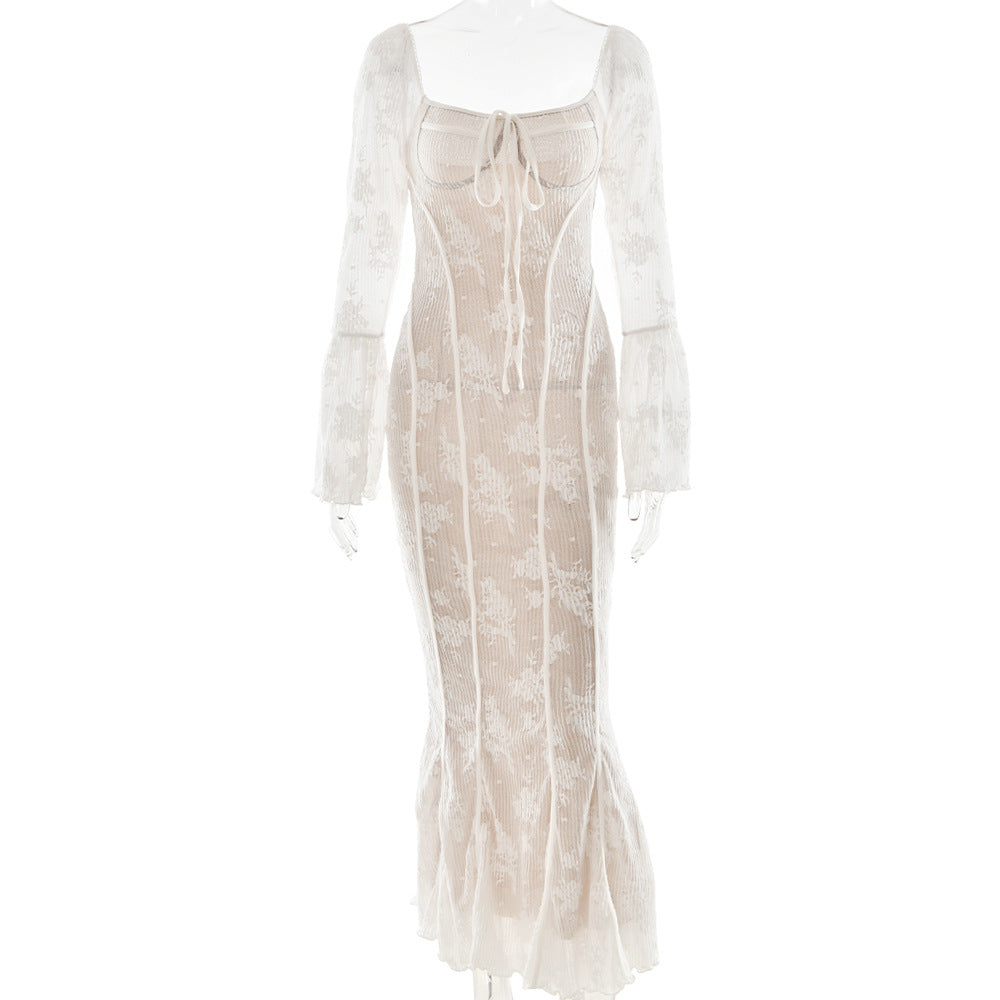 Bell Sleeve Lace Backless Dress