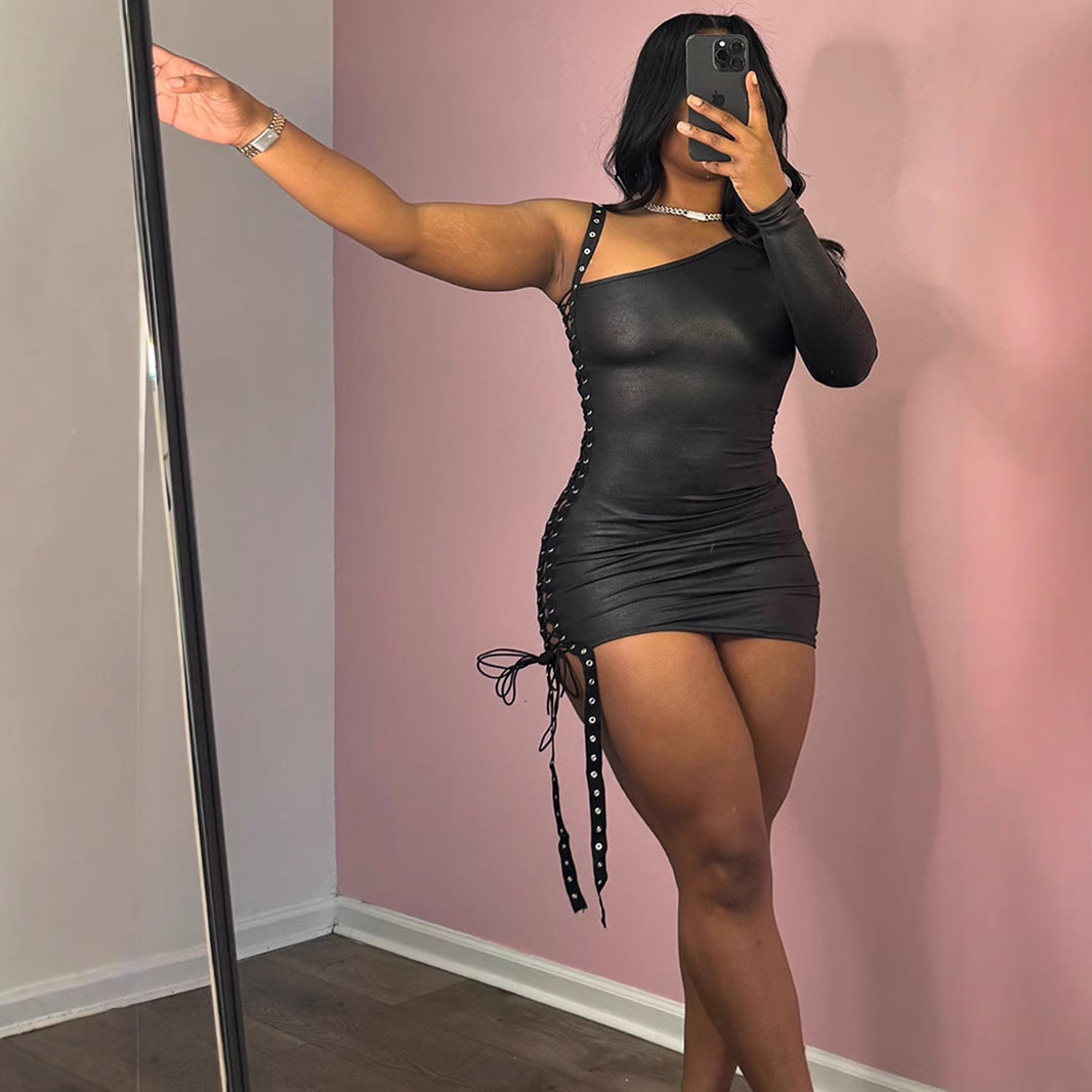 Belted one-sided long-sleeved pullover with a wrap-around skirt
