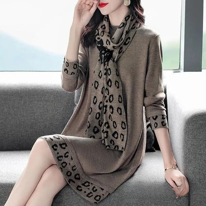 Big size scarf-necked base mid-length dress