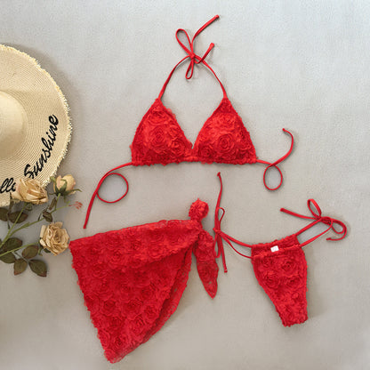 Bikini pink flower three-piece set