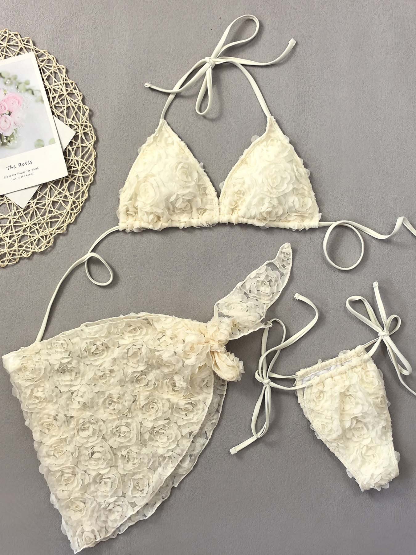 Bikini pink flower three-piece set