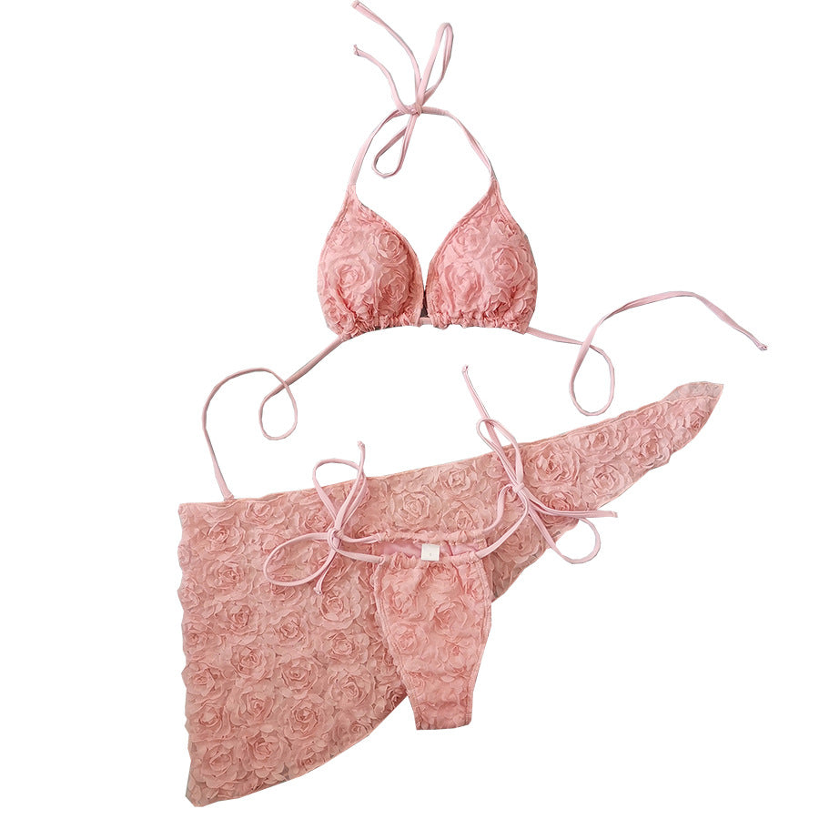 Bikini pink flower three-piece set