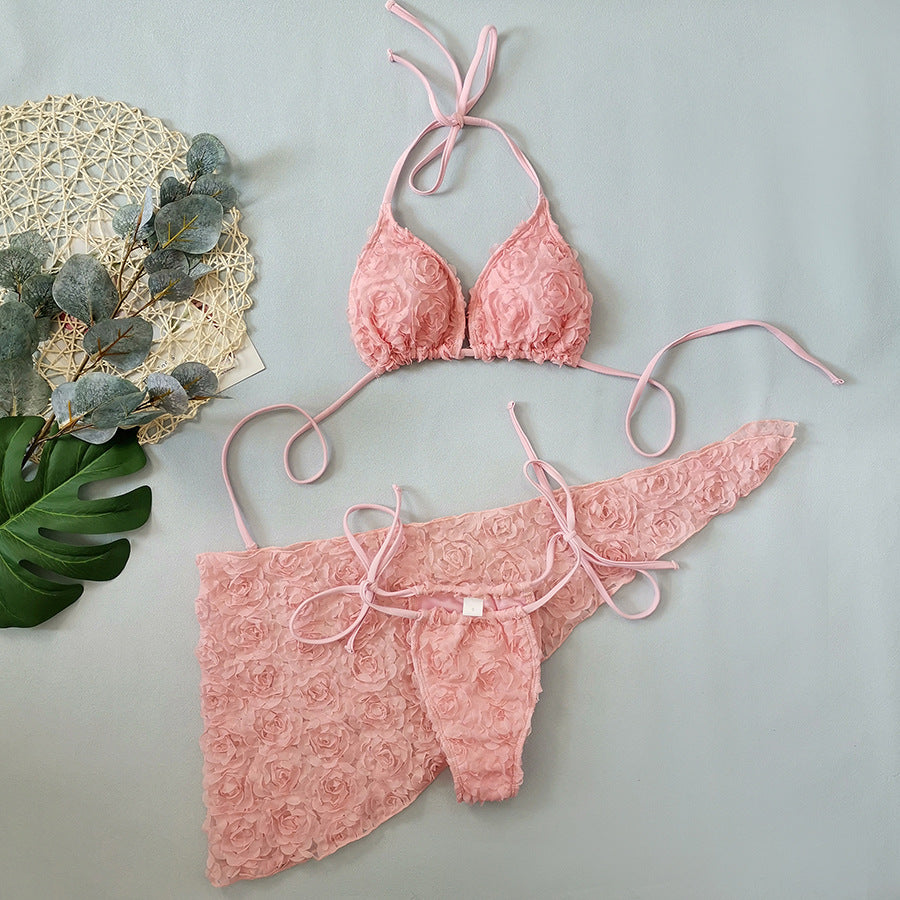 Bikini pink flower three-piece set