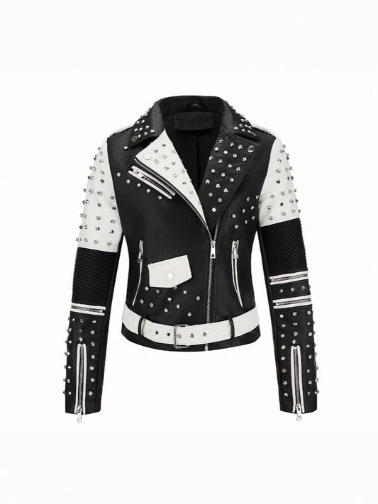 Black and white contrasting rivet leather jacket