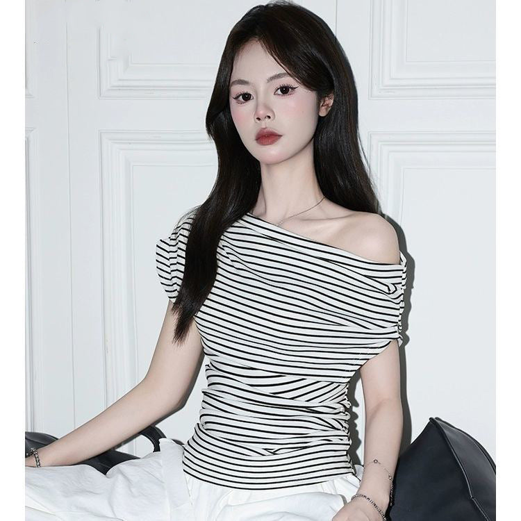 Black and White Striped Off-Shoulder T-Shirt for Women