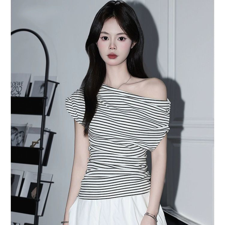 Black and White Striped Off-Shoulder T-Shirt for Women