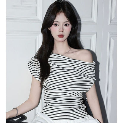 Black and White Striped Off-Shoulder T-Shirt for Women