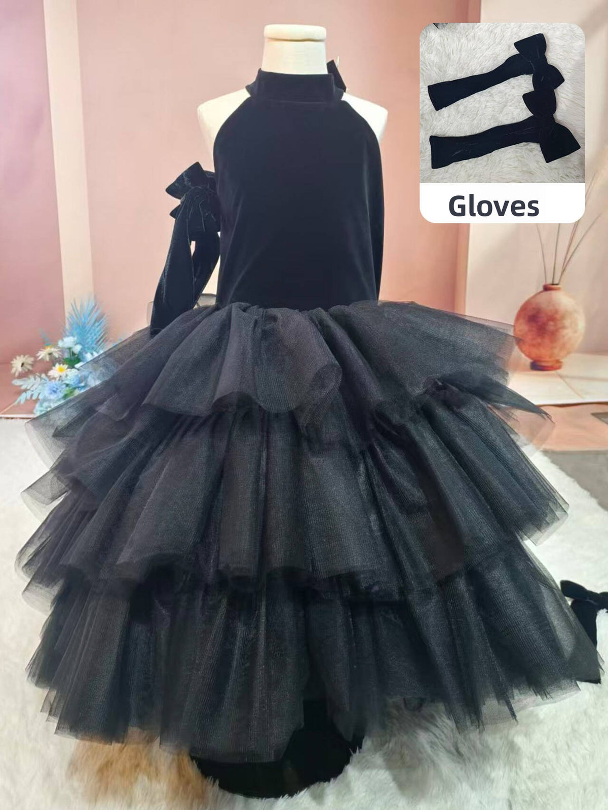 Black children's dress halter backless princess dress