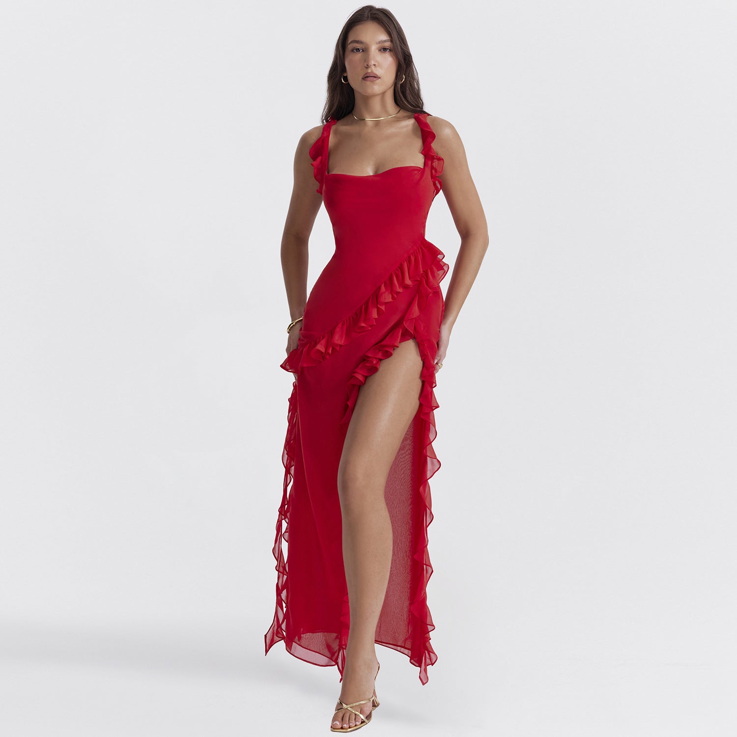 Black fungus edge spliced slit dress