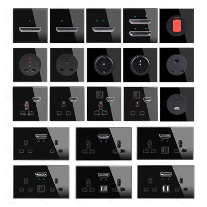 Black Glass Panel Toggle Switch with LED Wall Socket Set