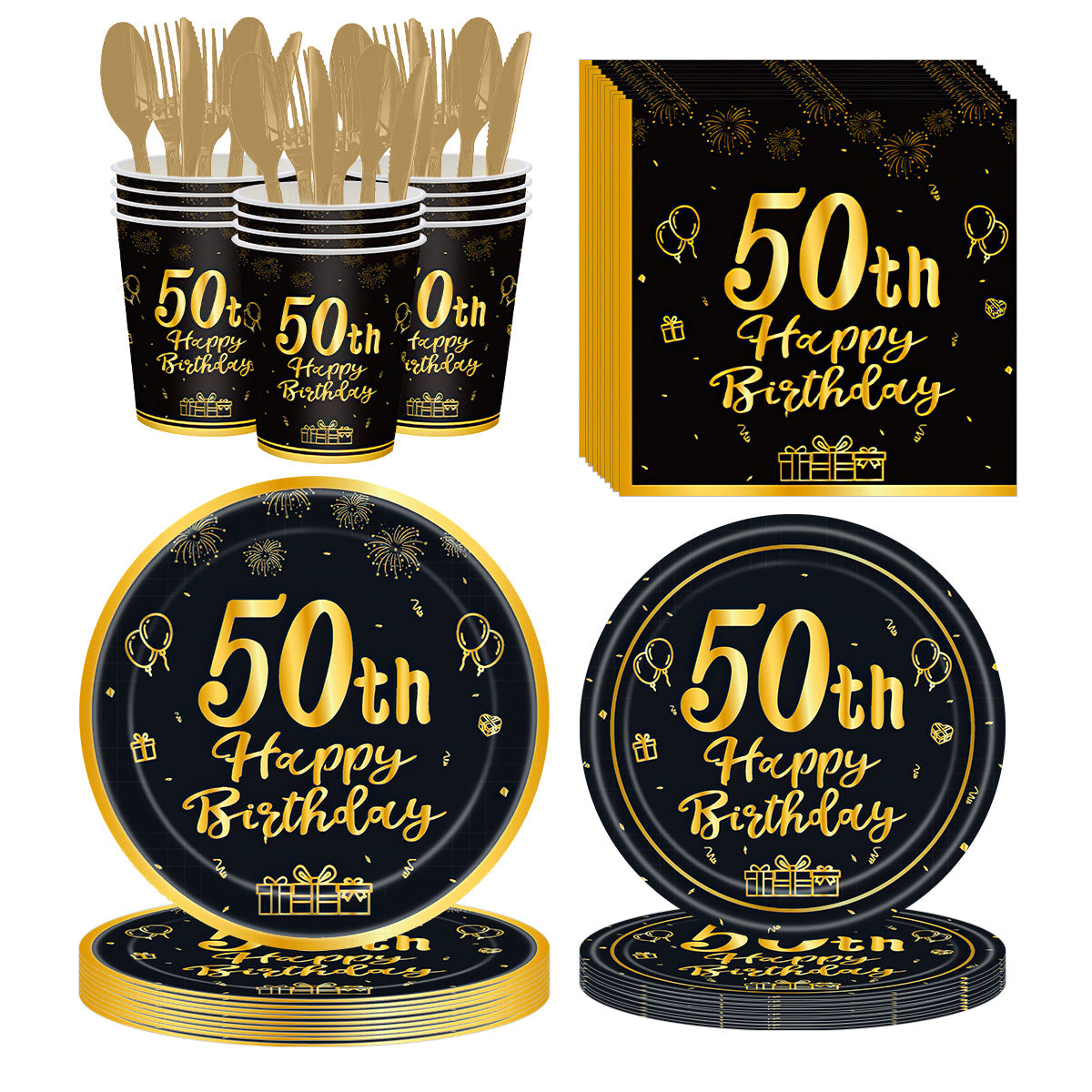 Black Gold Birthday Party Tableware Set