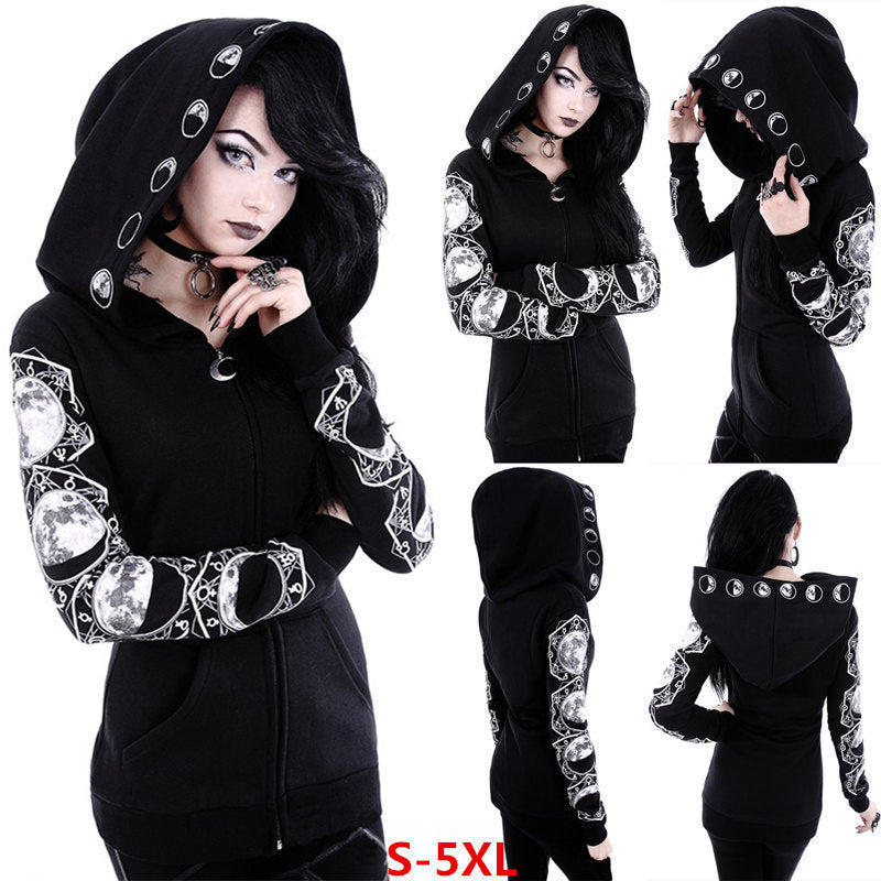 Black Moon Print Hooded Sweatshirt
