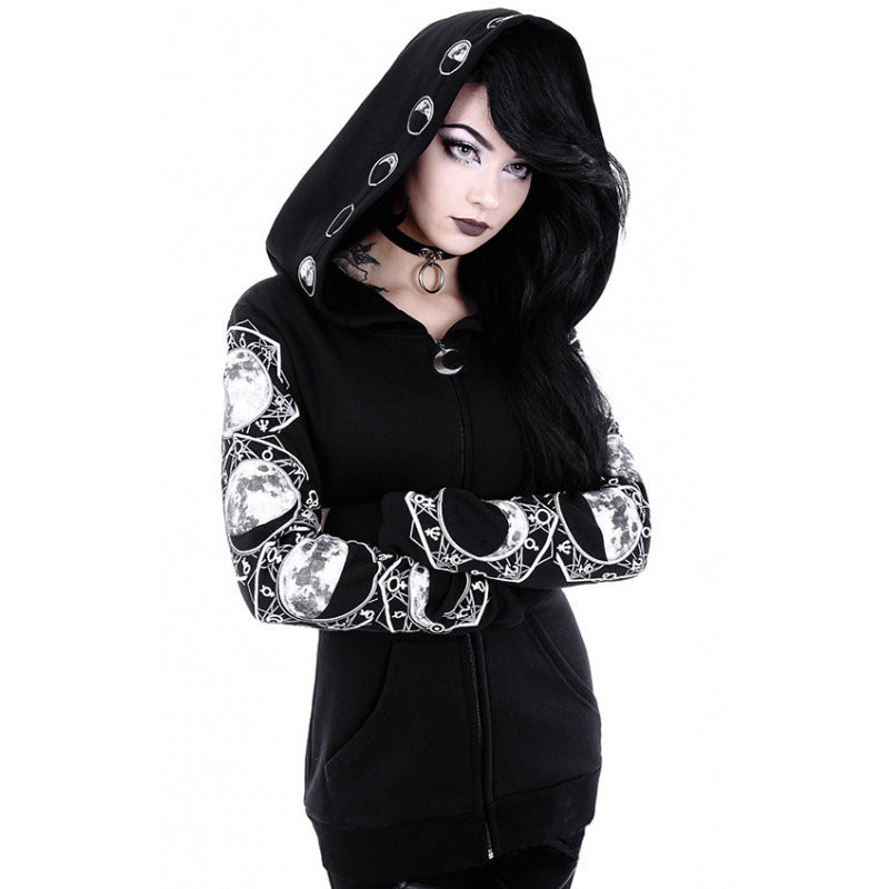 Black Moon Print Hooded Sweatshirt