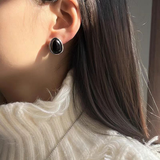 Black Oval Earrings Silver Plated Geometric Design