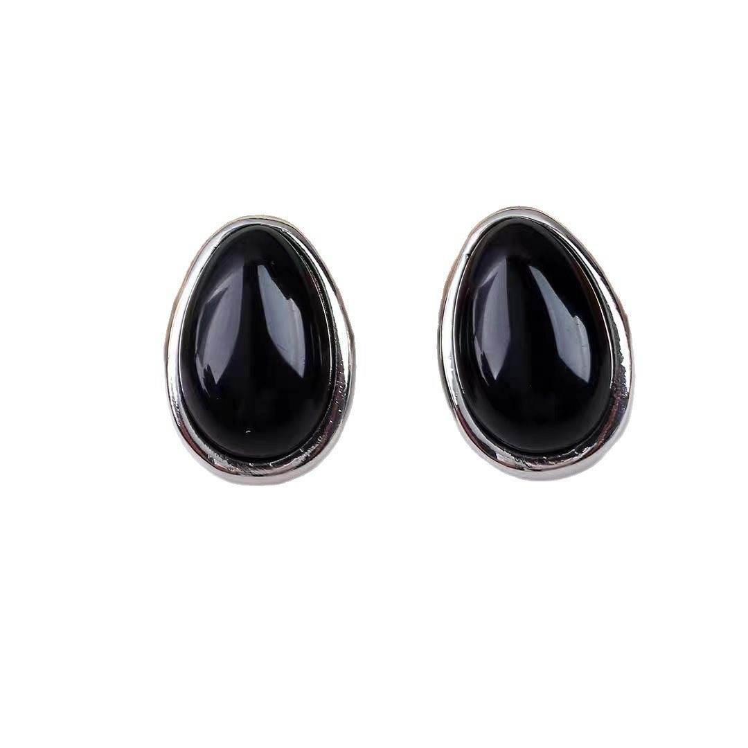 Black Oval Earrings Silver Plated Geometric Design