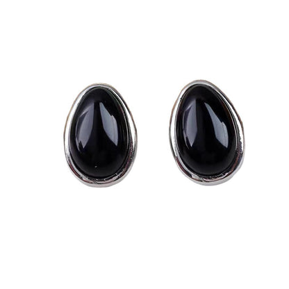 Black Oval Earrings Silver Plated Geometric Design