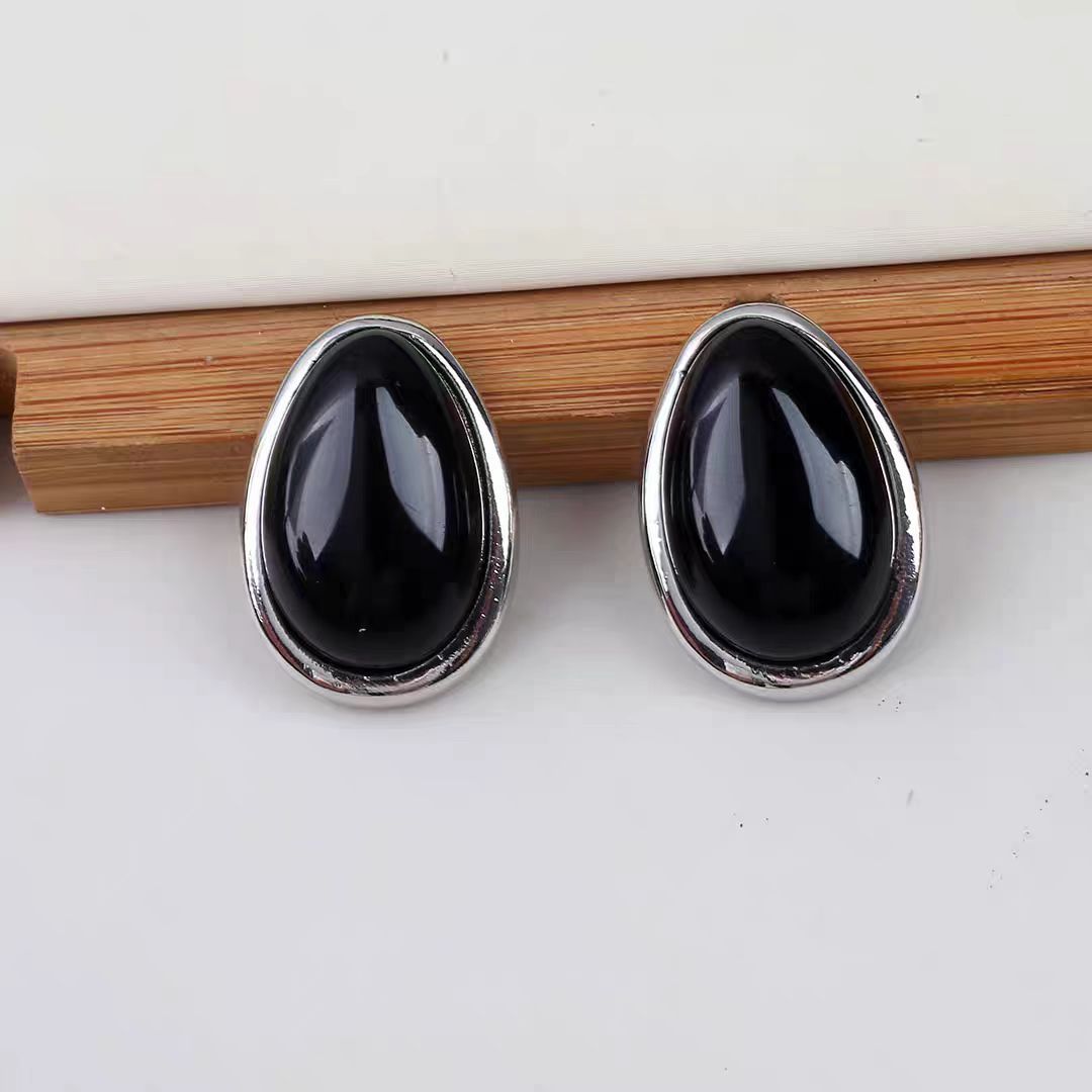 Black Oval Earrings Silver Plated Geometric Design