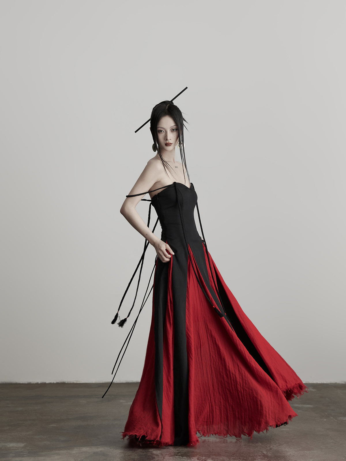 Black Red Tie-Up Waist Sleeveless A-Line Long Dress