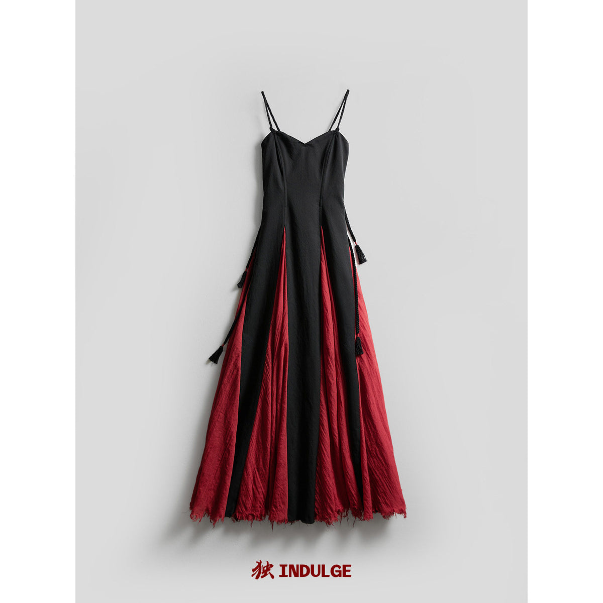 Black Red Tie-Up Waist Sleeveless A-Line Long Dress
