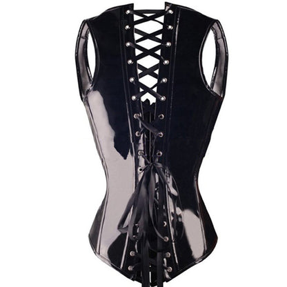 Black shiny leather buttoned body-hugging dress