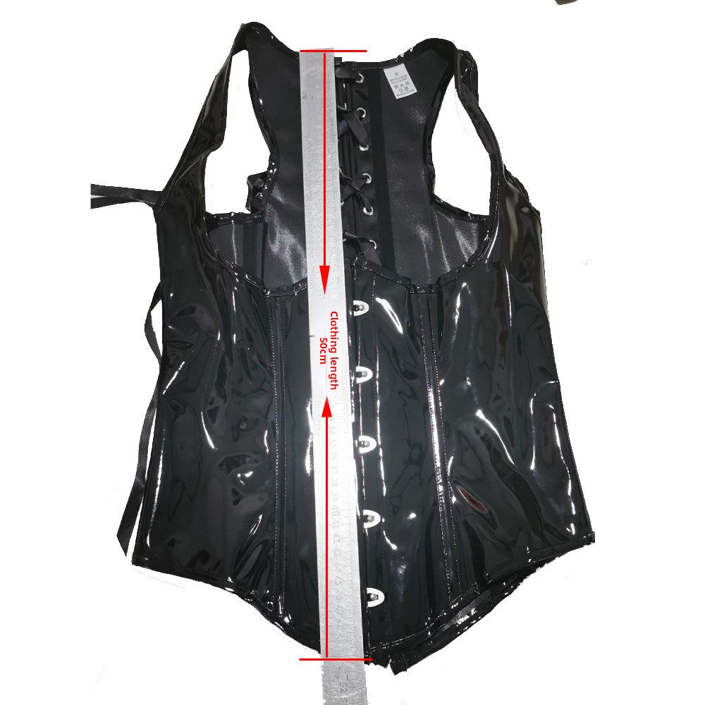 Black shiny leather buttoned body-hugging dress