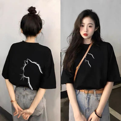 Black Short-Sleeved Pure Cotton T-Shirt for Women