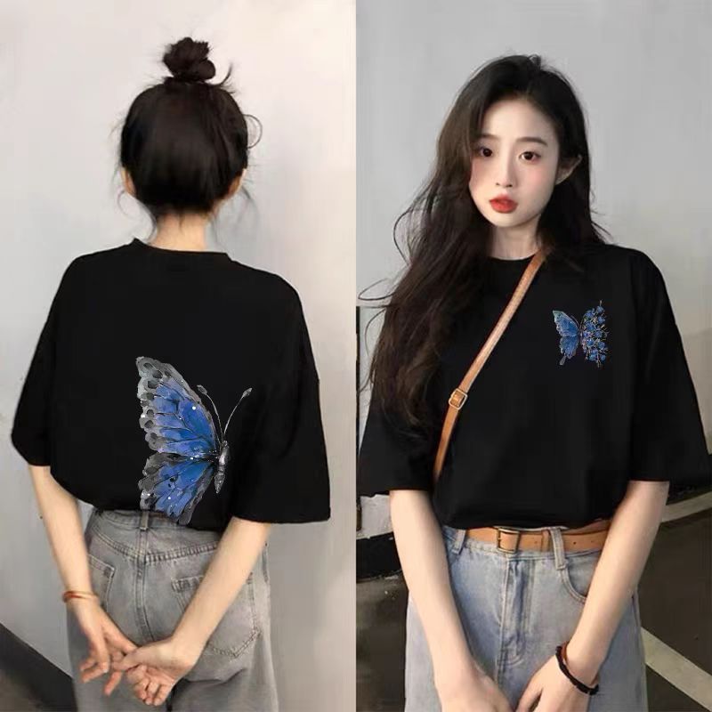 Black Short-Sleeved Pure Cotton T-Shirt for Women