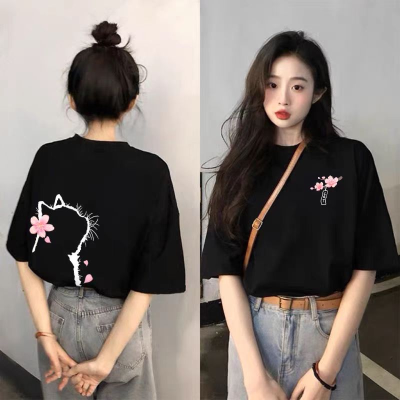 Black Short-Sleeved Pure Cotton T-Shirt for Women