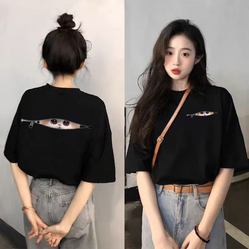 Black Short-Sleeved Pure Cotton T-Shirt for Women