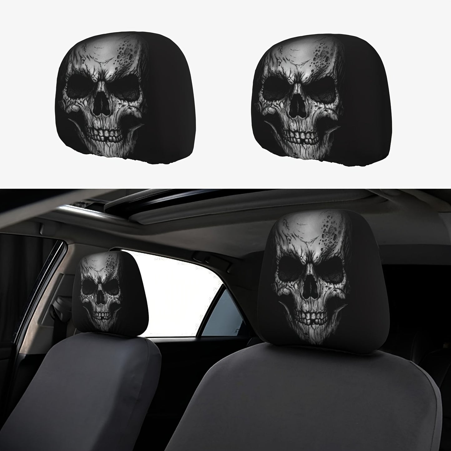Black Skull Car Printed Headrest Cover Universal Elastic Style Funny and Interesting Universal Headgear