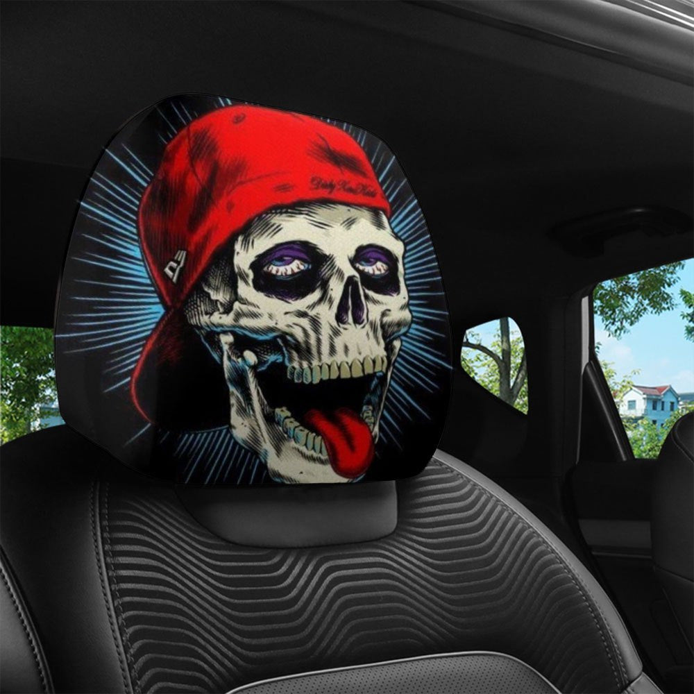 Black Skull Car Printed Headrest Cover Universal Elastic Style Funny and Interesting Universal Headgear