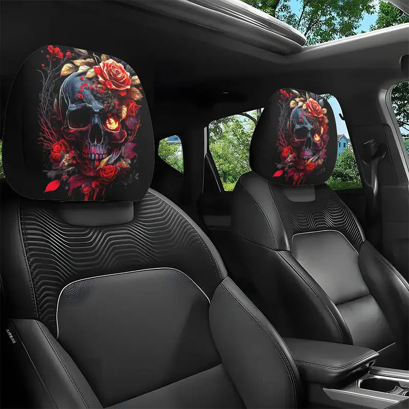 Black Skull Car Printed Headrest Cover Universal Elastic Style Funny and Interesting Universal Headgear