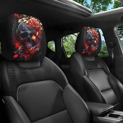 Black Skull Car Printed Headrest Cover Universal Elastic Style Funny and Interesting Universal Headgear