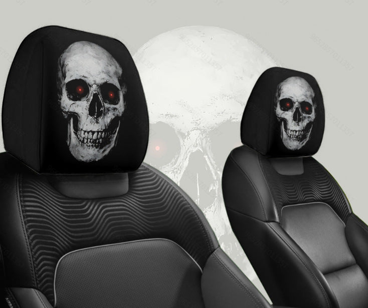 Black Skull Car Printed Headrest Cover Universal Elastic Style Funny and Interesting Universal Headgear