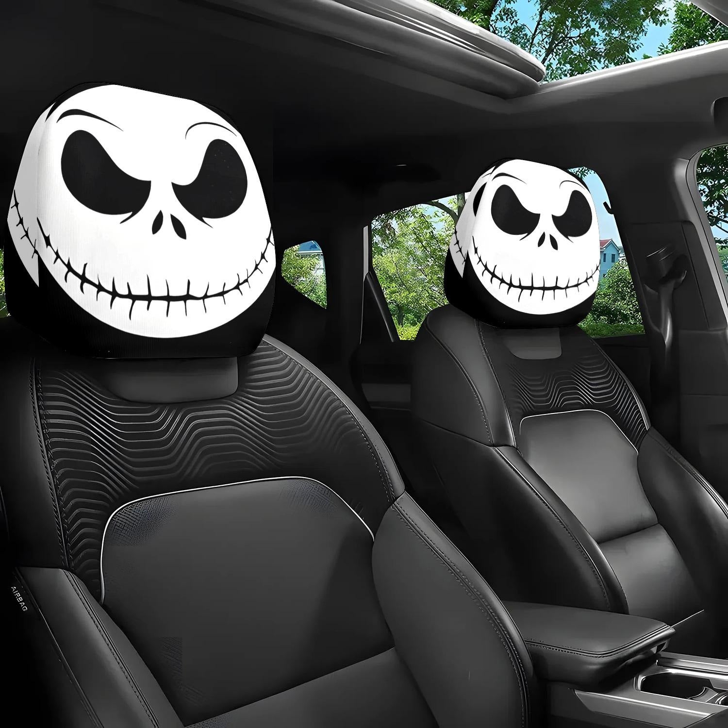 Black Skull Car Printed Headrest Cover Universal Elastic Style Funny and Interesting Universal Headgear